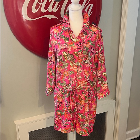 Fate Pink & Green Floral Romper Button Front Drawstring Waist w/Pockets, Size L - Picture 5 of 10